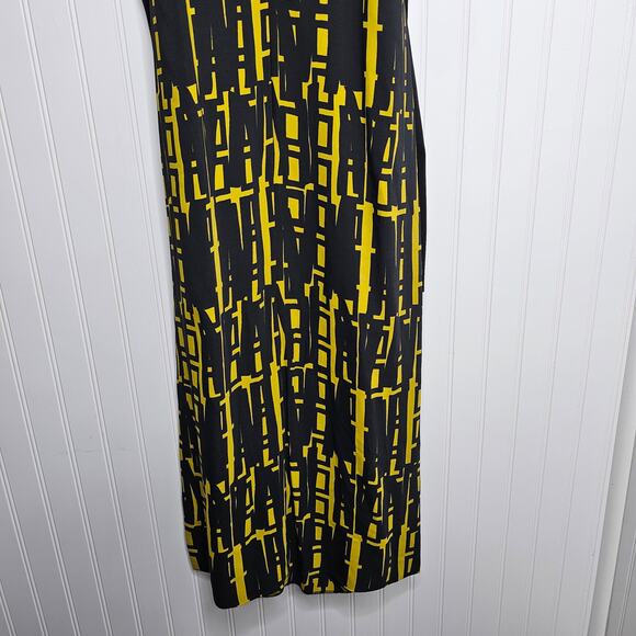 Milly Women's Black Yellow Geometric Fitted Bodycon Midi Dress Size Small Slits - Picture 6 of 10